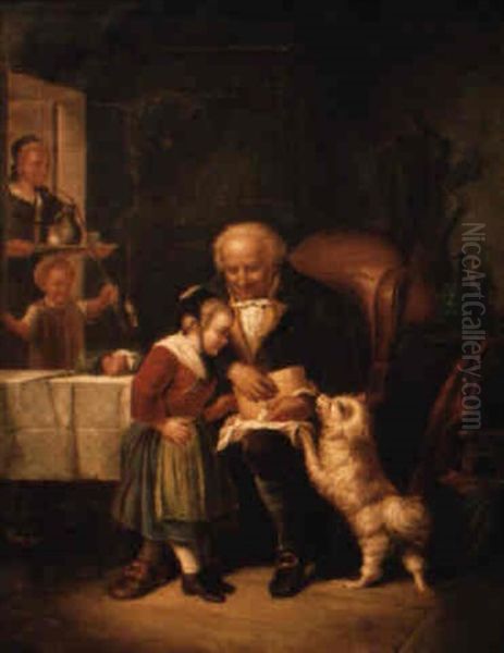 White Dog With Front Legs On Lap Of Gentleman - view 1