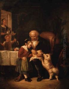 White Dog With Front Legs On Lap Of Gentleman by Julius Adam the Elder