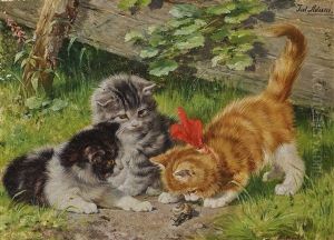 Three Kittens With A Snail by Julius Adam the Younger
