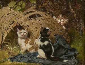 Three Kittens Playing With A Wicker Basket by Julius Adam the Younger