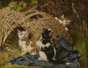 Three Kittens Playing At A Wicker Basket by Julius Adam the Younger