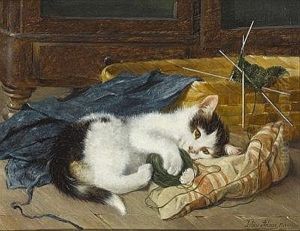 Mit Wollknauel Spielendes Katzchen Auf Blauer Decke by Julius Adam the Younger