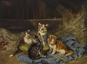 Vier Katzchen Mit Heuschrecke Im Stall by Julius Adam the Younger