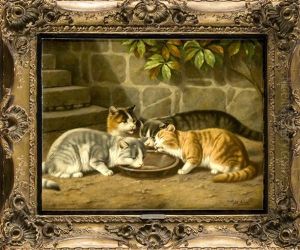 Vier Katzen Am Futternapf by Julius Adam the Younger