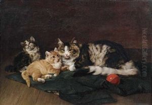 Eine Katzenmutter Ruht Mit Ihren Beiden Katzchen Auf Einer Grunen Decke by Julius Adam the Younger
