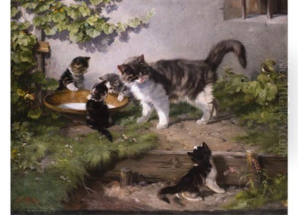 Katze Mit Ihren Jungen An Der Milchschussel - view 1
