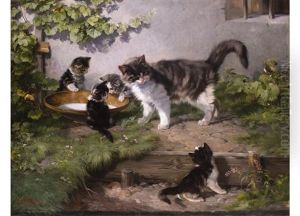 Katze Mit Ihren Jungen An Der Milchschussel