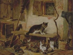 Cat With Kittens At Play by Julius Adam the Younger