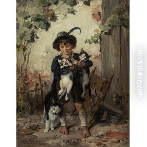 Young Boy With Three Cats - view 1