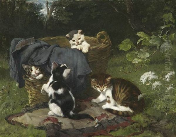 Vier Kleine Katzchen Mit Einer Hummel Spielend - view 1