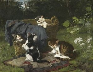 Vier Kleine Katzchen Mit Einer Hummel Spielend