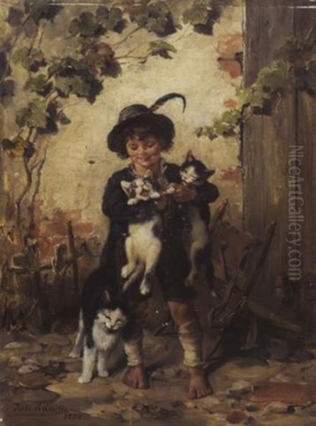 Trachtenjunge Mit Drei Katzen - view 1