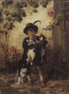 Trachtenjunge Mit Drei Katzen by Julius Adam the Younger