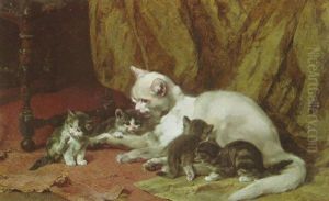 Katze Mit Vier Jungen Auf Einem Alten Teppich Vor Einem Vorhang