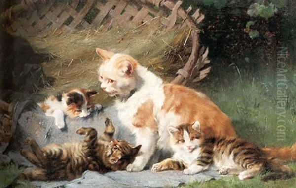 Katt Med Lekande Kattungar Vid Korg - view 1