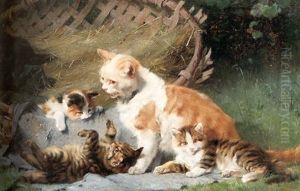 Katt Med Lekande Kattungar Vid Korg by Julius Adam the Younger