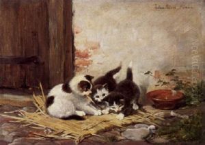 Drei Spielende Katzchen Auf Einer Schilfmatte Bei Einem Futternapf by Julius Adam the Younger