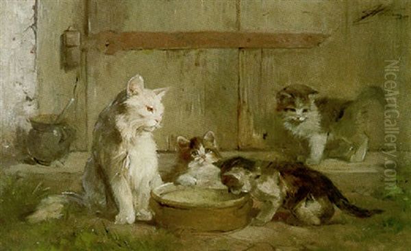 Katze Mit Drei Jungen Am Futternapf - view 1