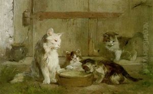 Katze Mit Drei Jungen Am Futternapf by Julius Adam the Younger