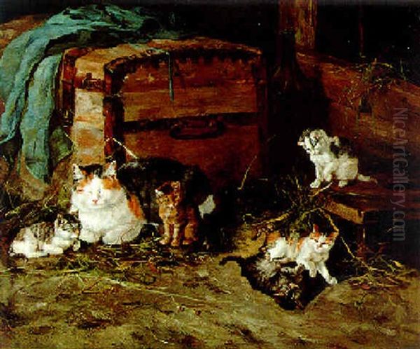 Katzenmutter Mit Ihren Funf Katzchen Im Stall - view 1