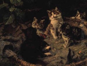 Kittens Frolicking In A Basket by Julius Adam the Younger