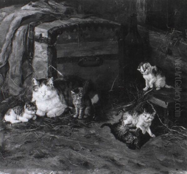 Katzenmutter Mit F_nf Jungen Im Stall - view 1