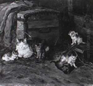 Katzenmutter Mit F_nf Jungen Im Stall by Julius Adam the Younger