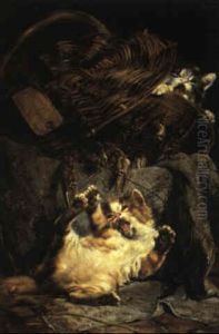 Spielende Katzen Und Ein Korb Mit Katzen by Julius Adam the Younger