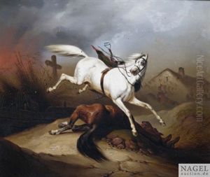 Reiterloser Schimmel Vor Einer Schlactenszene by Albrecht Adam