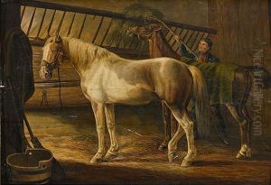 A Stable Scene With Two Horses And A Peasant by Albrecht Adam