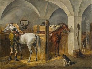 Reitknecht Mit Drei Pferden Und Hund Im Stall Reitknecht Mit Drei Pferden Und Hund Im Stall