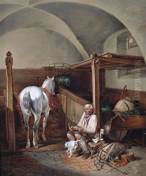 Stallinterieur Mit Einem Angebundenen Schimmel Und Einem Pferdeknecht. Stallinterieur Mit Abgesatteltem Schimmel Und Einem Postillion, Der Schlafend Auf Heusacken Liegt (pair) - view 1