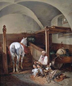 Stallinterieur Mit Einem Angebundenen Schimmel Und Einem Pferdeknecht. Stallinterieur Mit Abgesatteltem Schimmel Und Einem Postillion, Der Schlafend Auf Heusacken Liegt (pair)