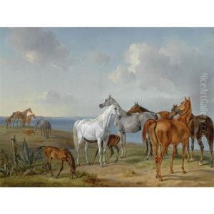 Pferde Auf Der Weide (arabian Horses At Pasture) by Albrecht Adam