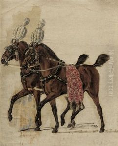 Zwei Kutschpferde In Herzoglichem Prunkgeschirr