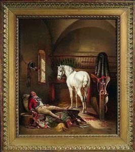 Stallinterieur Mit Abgesatteltem Schimmel Und Einem Postillon, Der Schlafend Auf Heusacken Liegt by Albrecht Adam