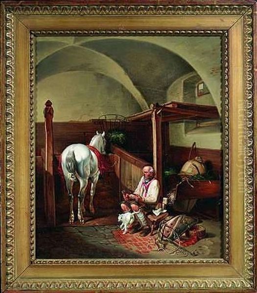 Stallinterieur Mit Einem Angebundenen Schimmel Und Einem Pferdeknecht, Der Das Sattelzeug Richtet - view 1