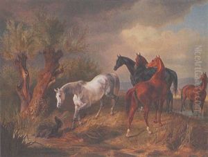 Pferde Auf Der Koppel An Der Tranke by Albrecht Adam
