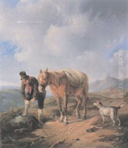 Traveller With His Horse Resting In A Landscape by Albrecht Adam