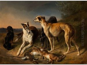 Jagdstillleben Mit Windhunden Und Hasen by Benno Adam
