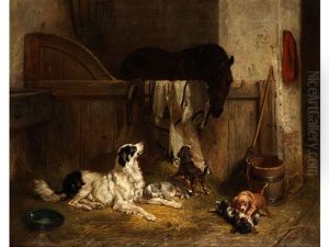 Stall Mit Pferd Und Hundefamilie Stall Mit Pferd Und Hundefamilie
