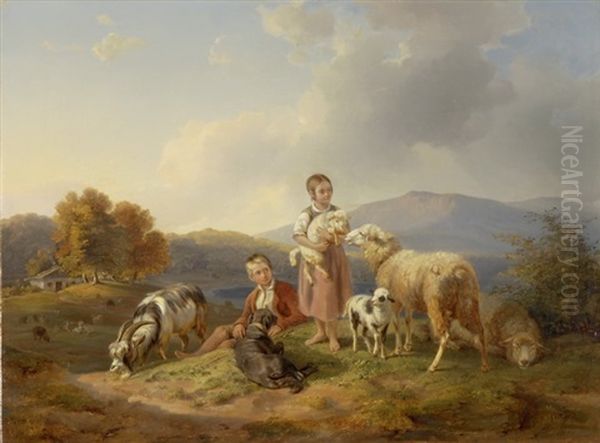 Madchen Und Knabe Mit Hirtenhund, Ziege Und Schafen - view 1