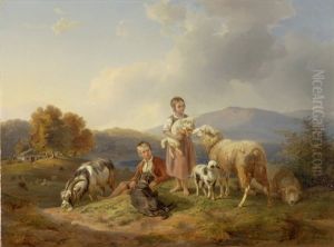 Madchen Und Knabe Mit Hirtenhund, Ziege Und Schafen by Benno Adam