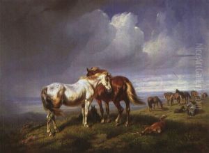 Pferde Auf Der Weide Vor Dem Sturm by Benno Adam
