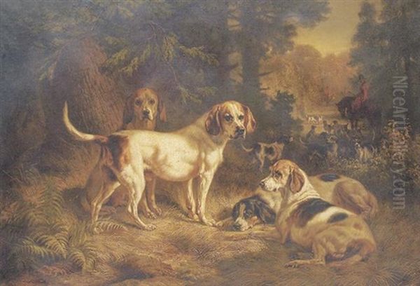 Hounds Resting In A Woodland Clearing With A Huntsman Beyond - view 1