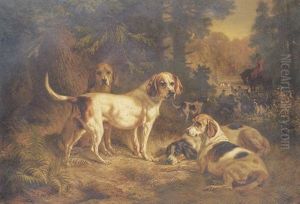 Hounds Resting In A Woodland Clearing With A Huntsman Beyond by Benno Adam