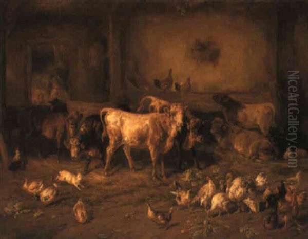 Cattle, Chickens And Ducks In A Barn - view 1