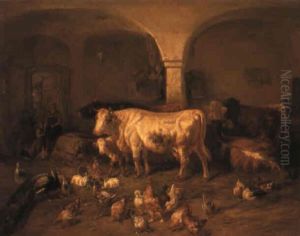 Cattle, Chickens And Peacocks In A Barn