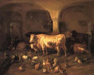 Horn- Und Federvieh In Einem Stall by Benno Adam