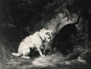 Spitz Und Dackel Vor Einem Fuchsbau Lauernd by Benno Adam